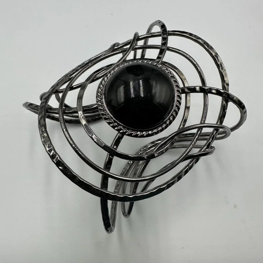 3/$30 Black Acrylic Cabochon Cuff Bracelet Hammered Wire Sculptural Statement
